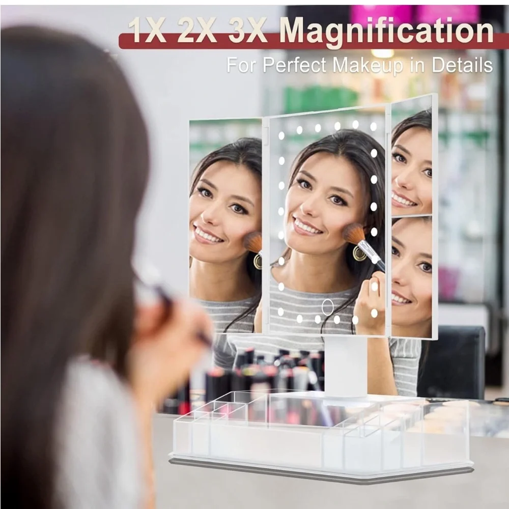 Tri-Fold 3x/2x Mag Cosmetic Vanity Mirror🪞w 24 Led Light💡Touch Screen&Storage